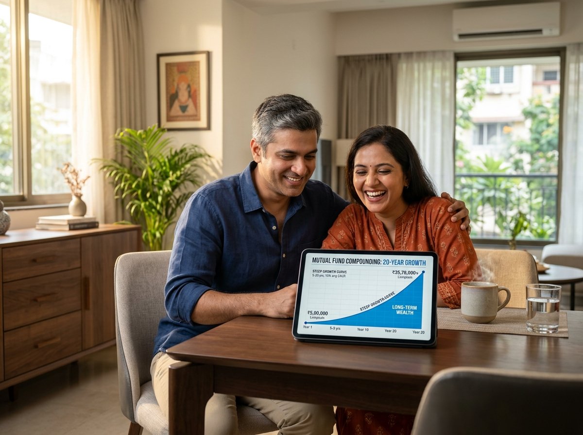 Indian couple reviewing 20-year mutual fund lump sum compounding trajectory on tablet