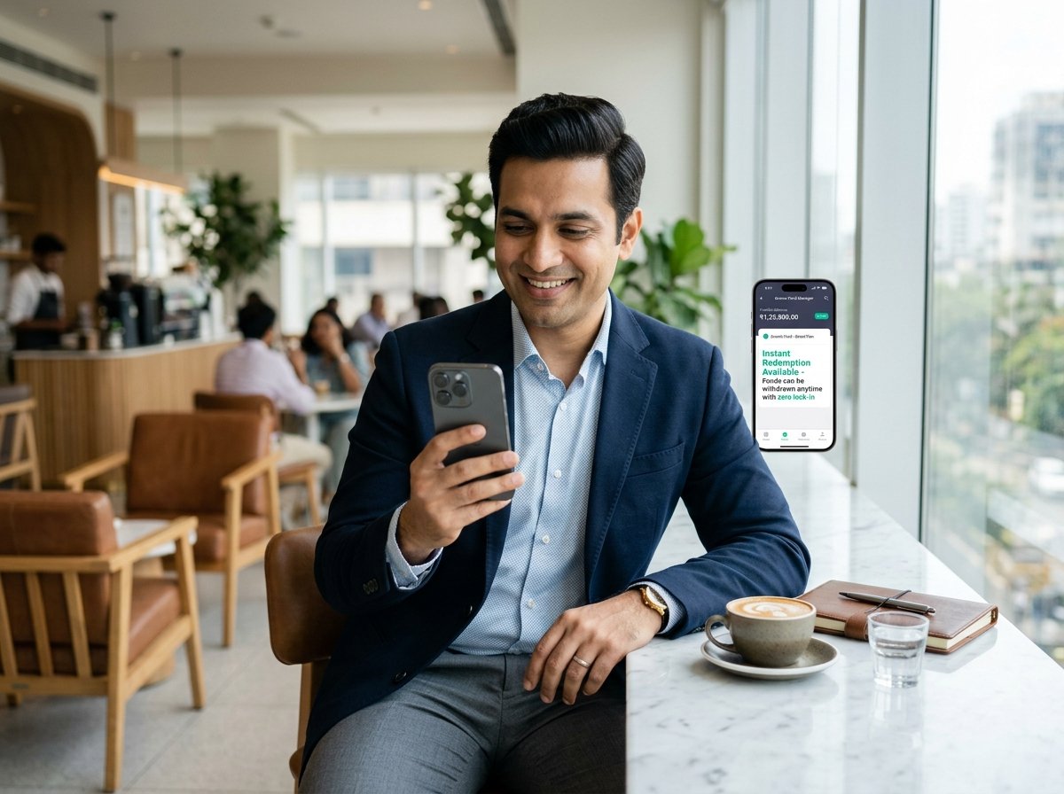 Mutual fund investor smiling with smartphone showing instant redemption and zero lock-in