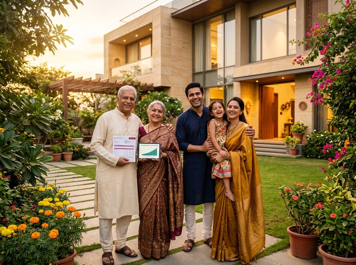 Prosperous Indian multi-generational family celebrating financial security and wealth growth