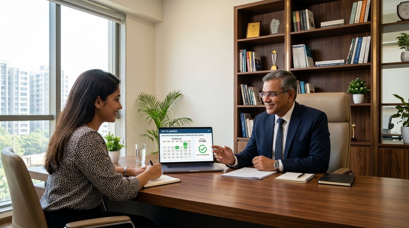 Experienced financial distributor Chetan Kumar Patel reviewing an automated bank mandate schedule with client in office
