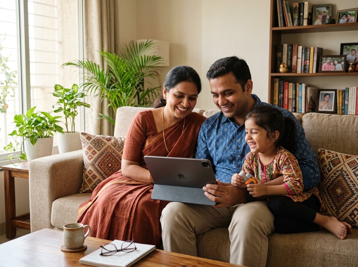 Authentic Indian family in modern living room reviewing their children's education mutual fund growth on a tablet
