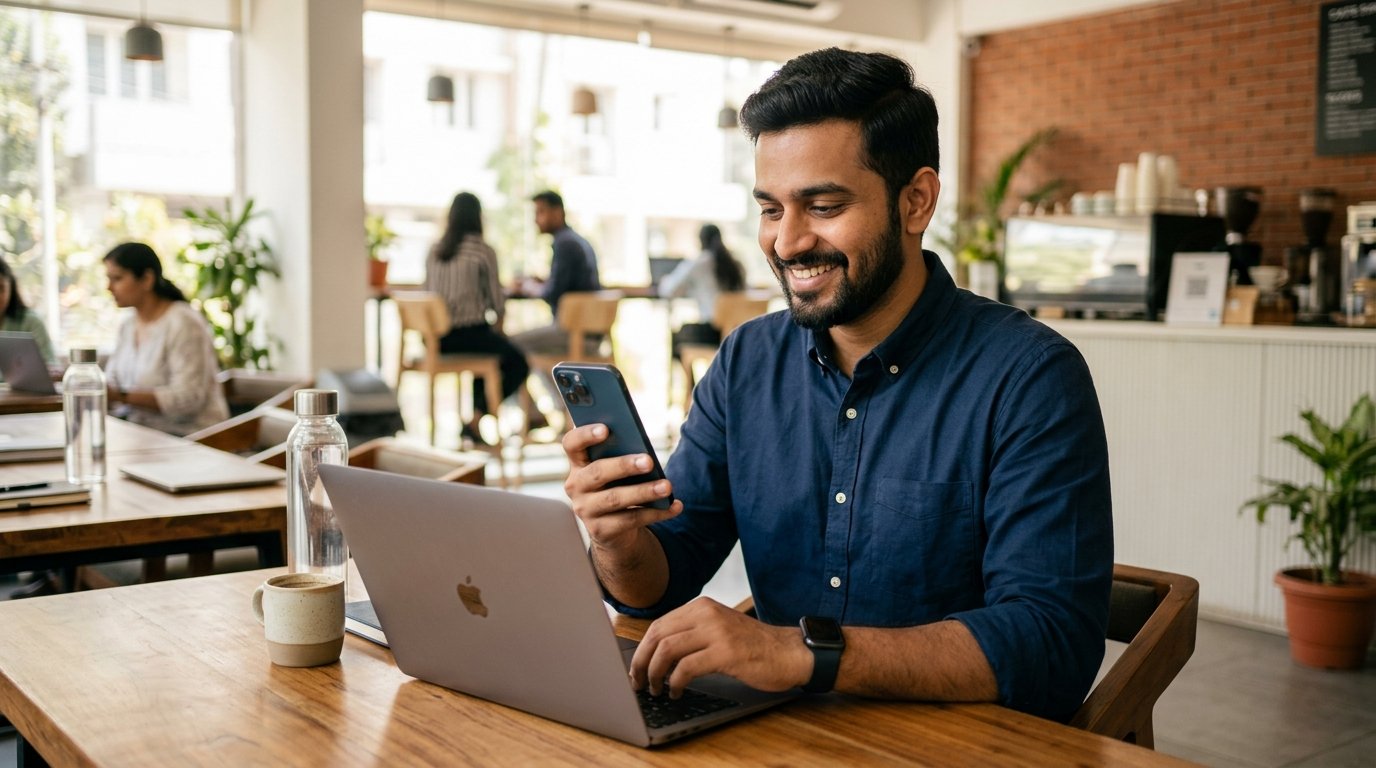 Young salaried Indian tech professional checking mutual fund SIP confirmation on smartphone app